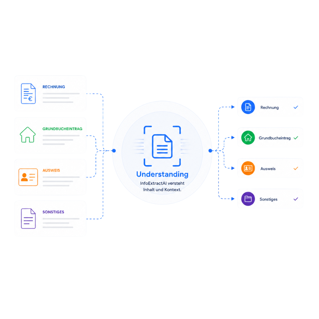 KI-gestützte Dokumentenklassifizierung mit intelligentem Kontextverständnis zur automatischen Erkennung und Zuordnung von Rechnungen, Grundbucheinträgen, Ausweisen und weiteren Dokumententypen.