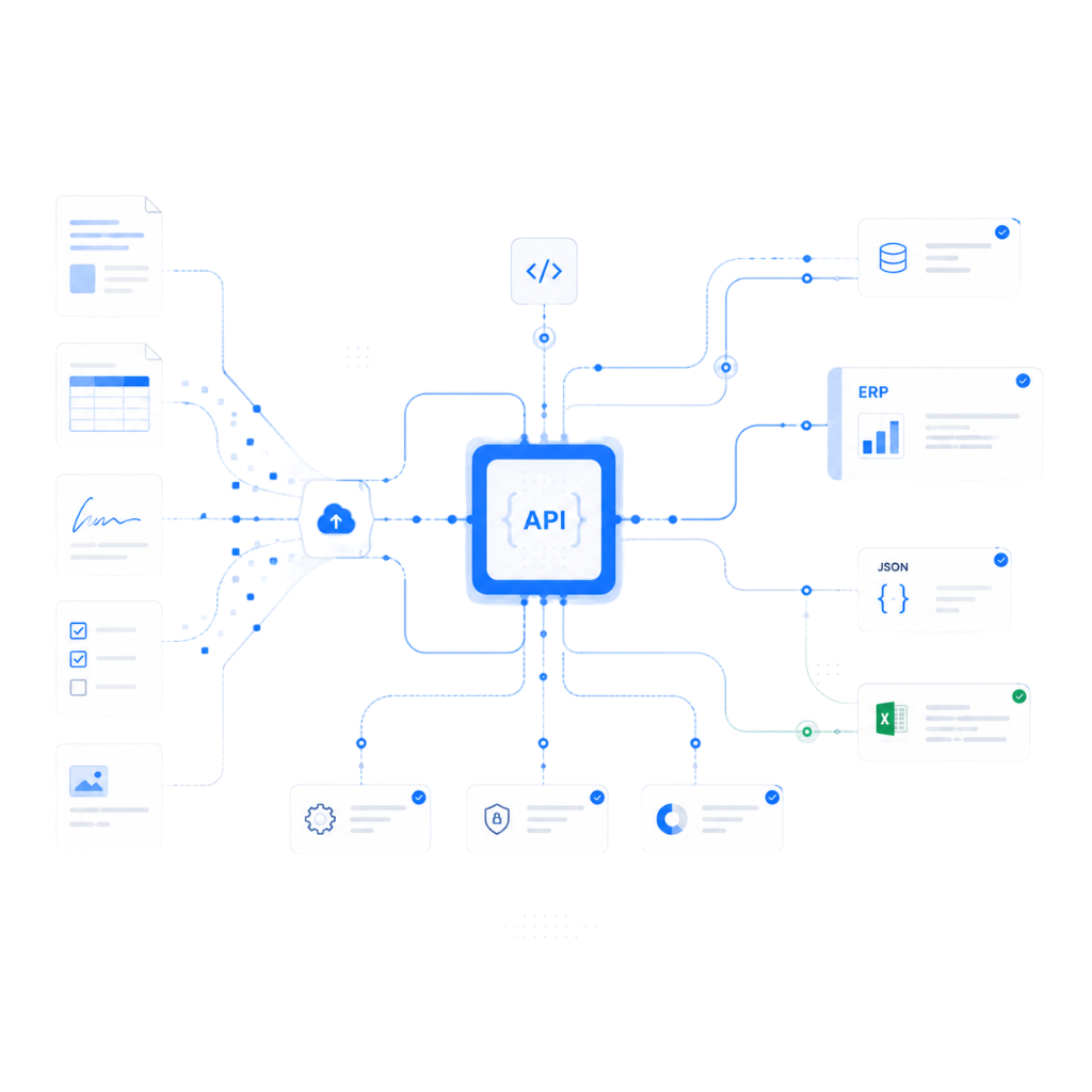 KI-Dokumentenverarbeitung mit API-Anbindung zur automatischen Integration strukturierter Daten in ERP-Systeme, Datenbanken, JSON, Excel und bestehende Unternehmenssoftware.