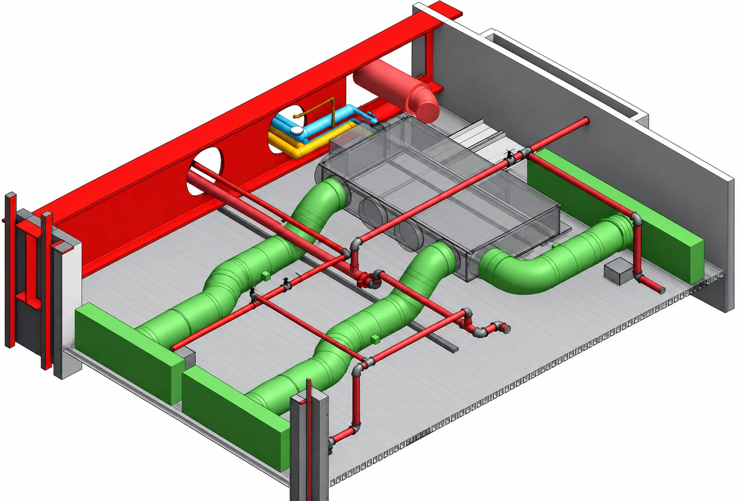 After: 3D view with mechanical ductwork re-coordinated around the revised sprinkler routing, 40 Leadenhall Level 07
