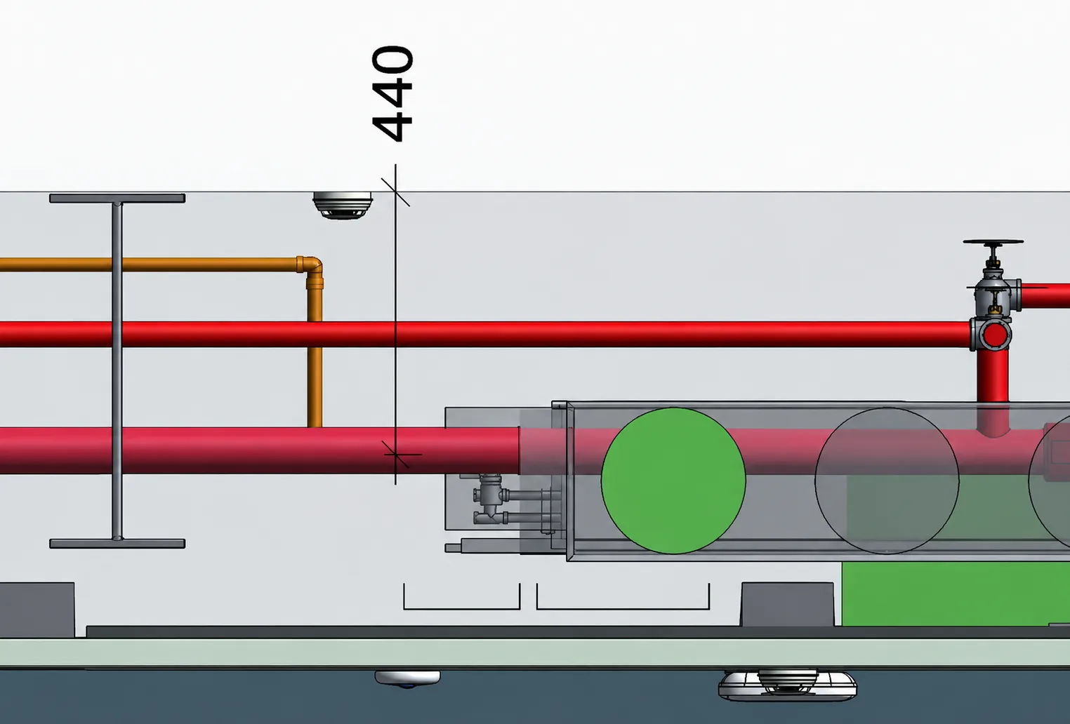 Before: section showing sprinkler pipework dropped below the agreed 300 mm zone into the mechanical services, 40 Leadenhall Level 07
