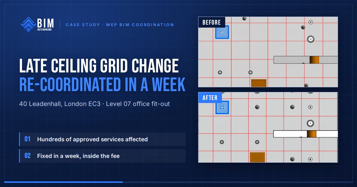 40 Leadenhall case study: late ceiling grid change re-coordinated in a week, with before and after ceiling plan views