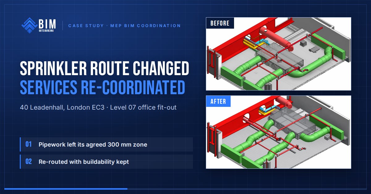 40 Leadenhall case study: sprinkler route changed, mechanical services re-coordinated, with before and after 3D BIM views
