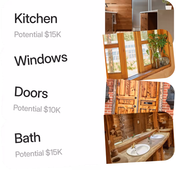 Collage of home improvement areas: kitchen with wood paneling, windows with plants, decorative wooden doors, and a bathroom with double sinks.