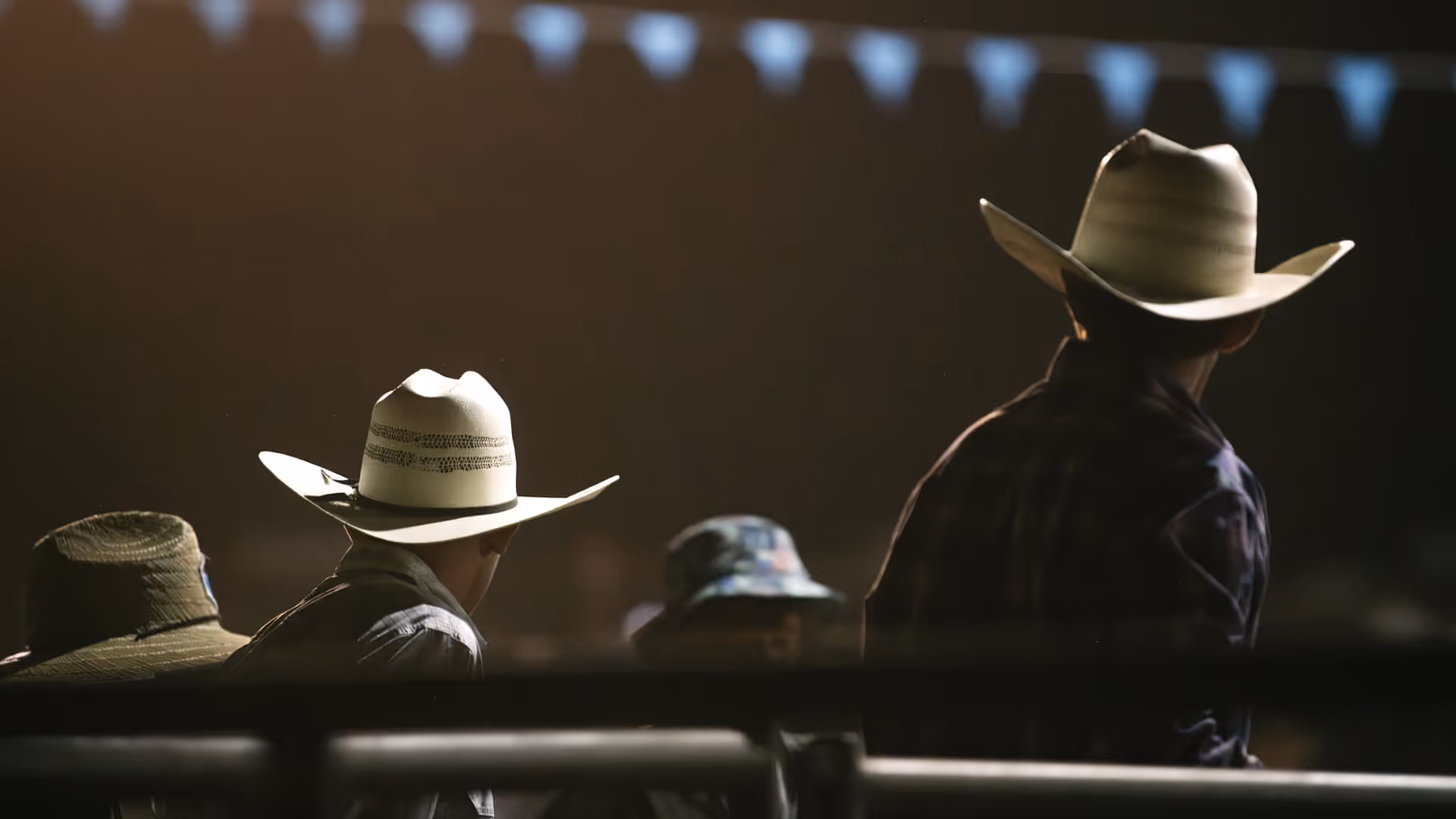 Four people wearing hats, including two with cowboy hats, seated with backs facing the camera under stringed triangle flags.