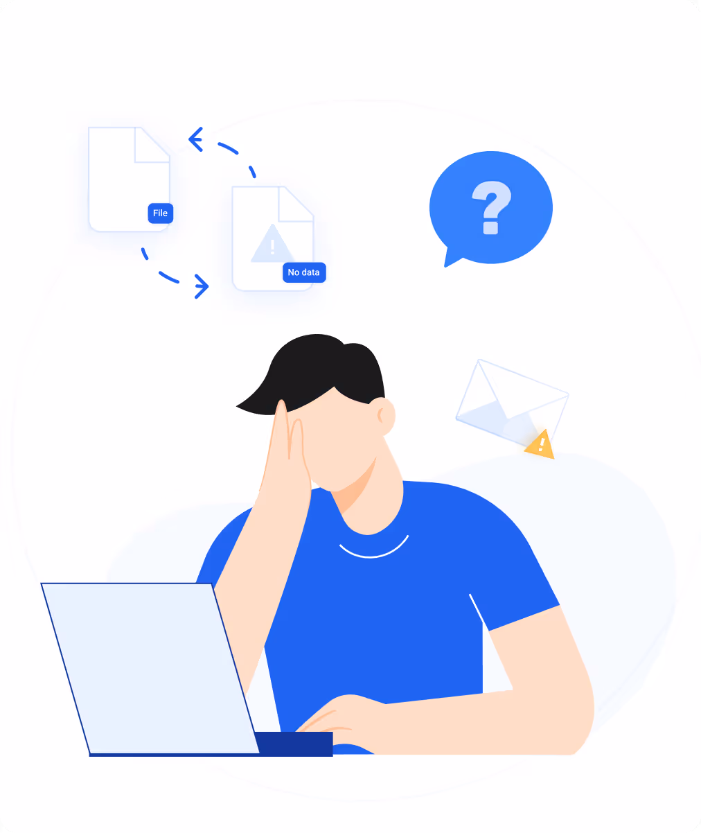 Illustration einer überforderten Person mit Fragezeichen – typische IT-Probleme in kleinen Unternehmen