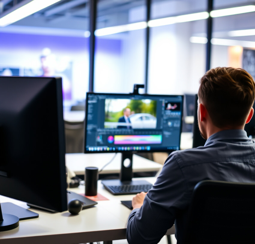 Man working at a desk with dual monitors, editing a photo on one screen in a modern office.