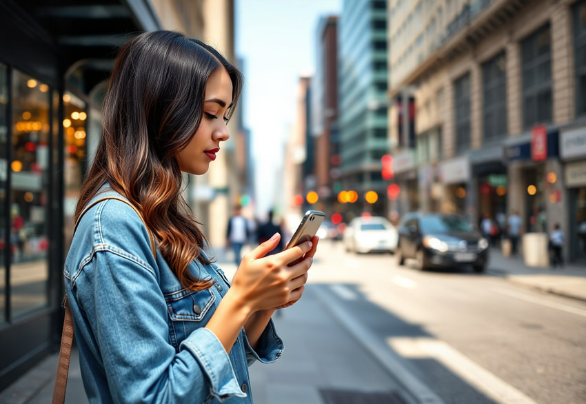 Young woman in a denim jacket standing on a city sidewalk looking at her smartphone.