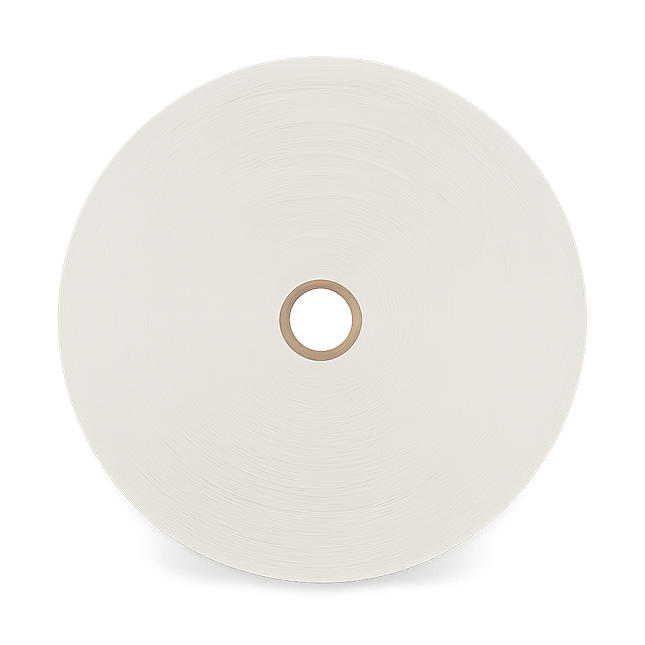 Grande bobina di carta bianca con nucleo centrale in cartone vista frontalmente.