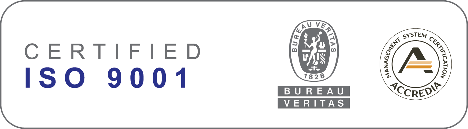 Certificazione ISO 9001 con i loghi di Bureau Veritas e Accredia per la certificazione del sistema di gestione.