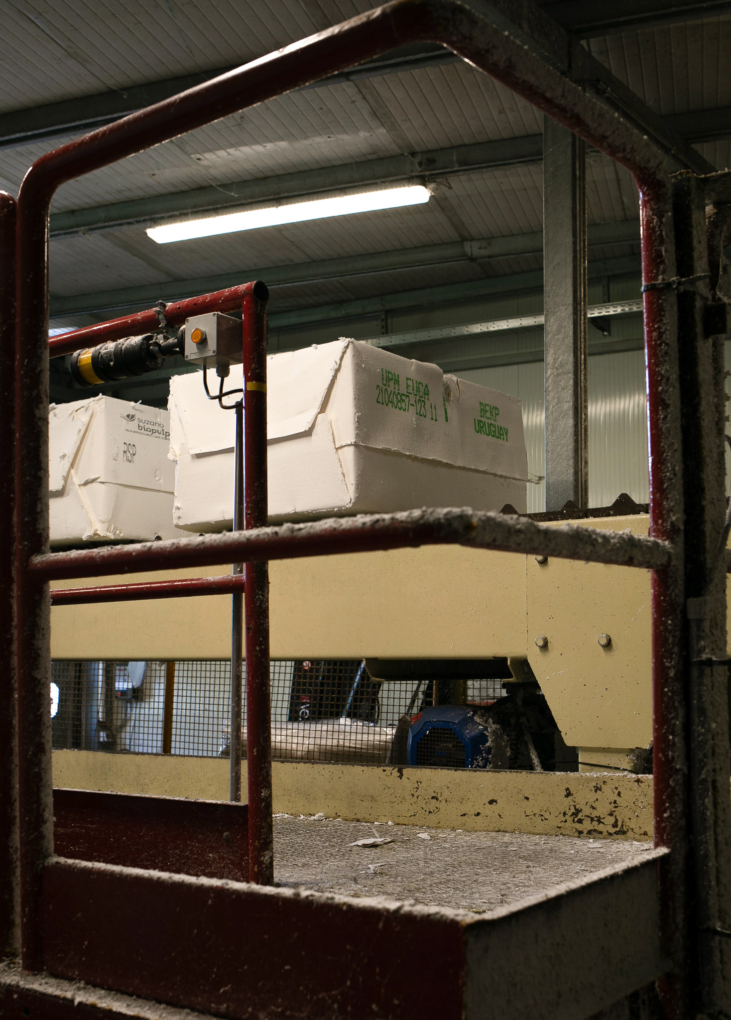 Pacchi bianchi di cellulosa impilati su un nastro trasportatore in un impianto industriale con strutture di metallo visibili.