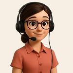 Illustration of a smiling woman with glasses wearing a headset and a red collared shirt.