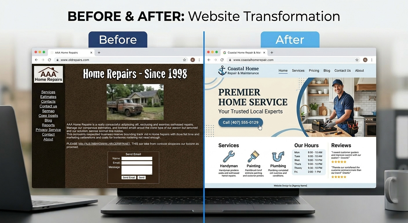 Outdated service business website versus a modern high-converting website