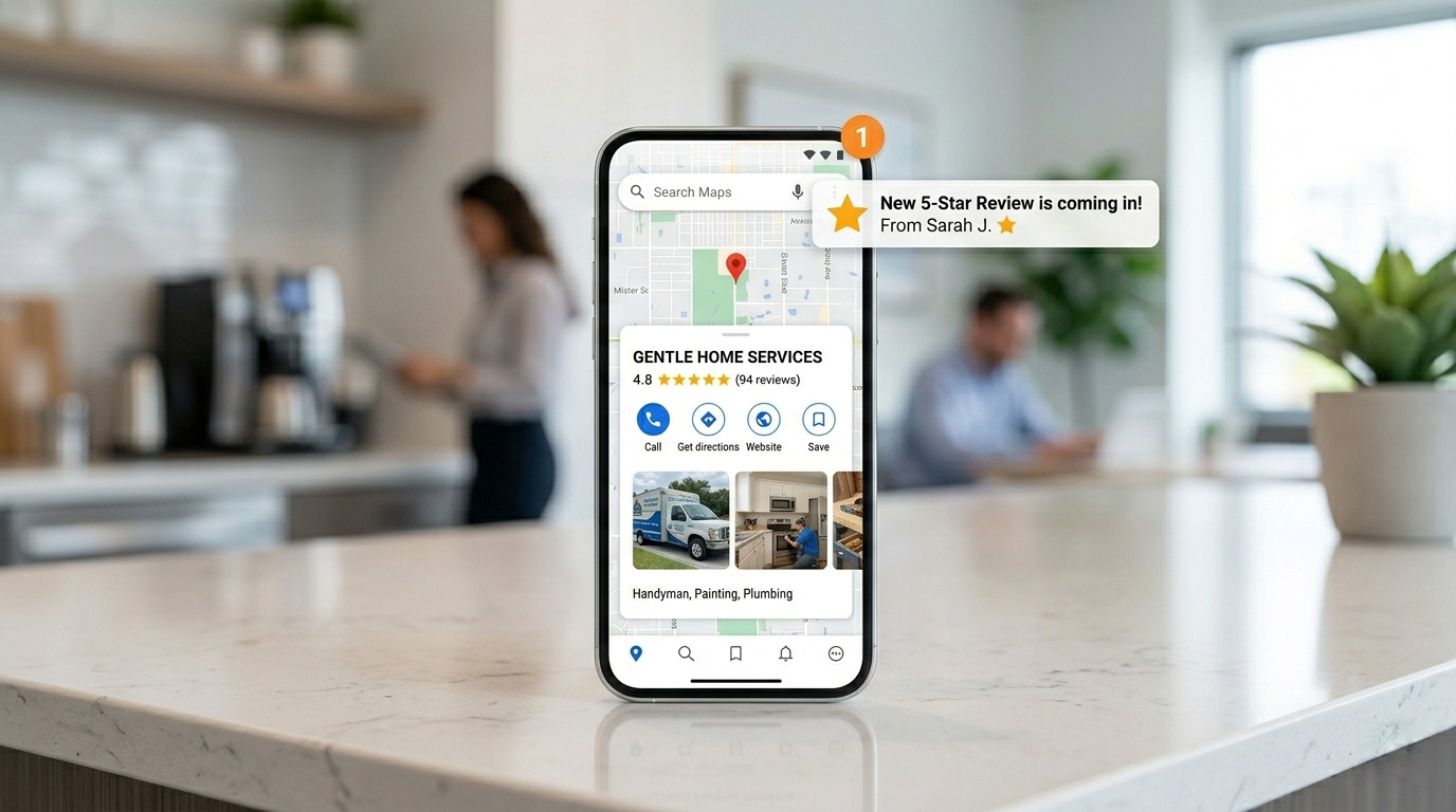 Google Maps listing showing strong review count and star rating for a service business