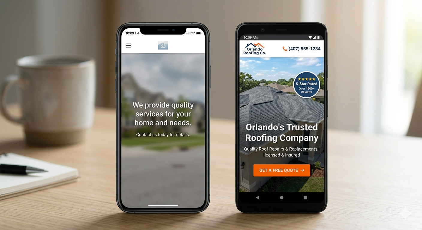 Comparison of weak vs strong above-the-fold website design for a service business