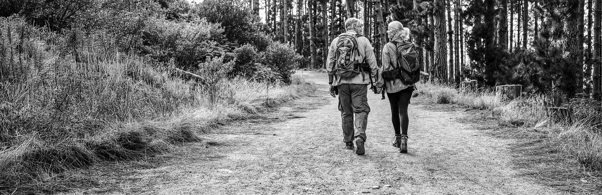 Retirees on a hike next to a forest