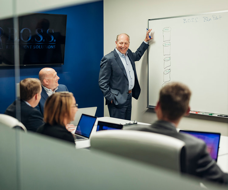 Tyson nad Ryan Thacker from Boss Retirement Solutions & Advisors in a meeting with other teammates