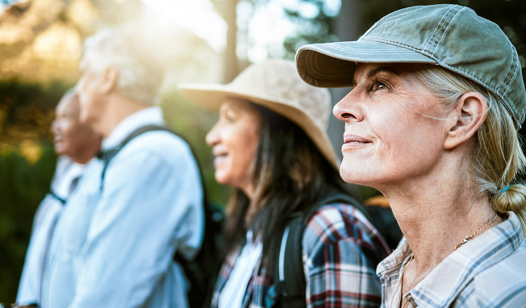 Retirees on a morning hike through a forest