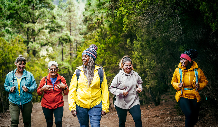 Retirees on a hike through the forest