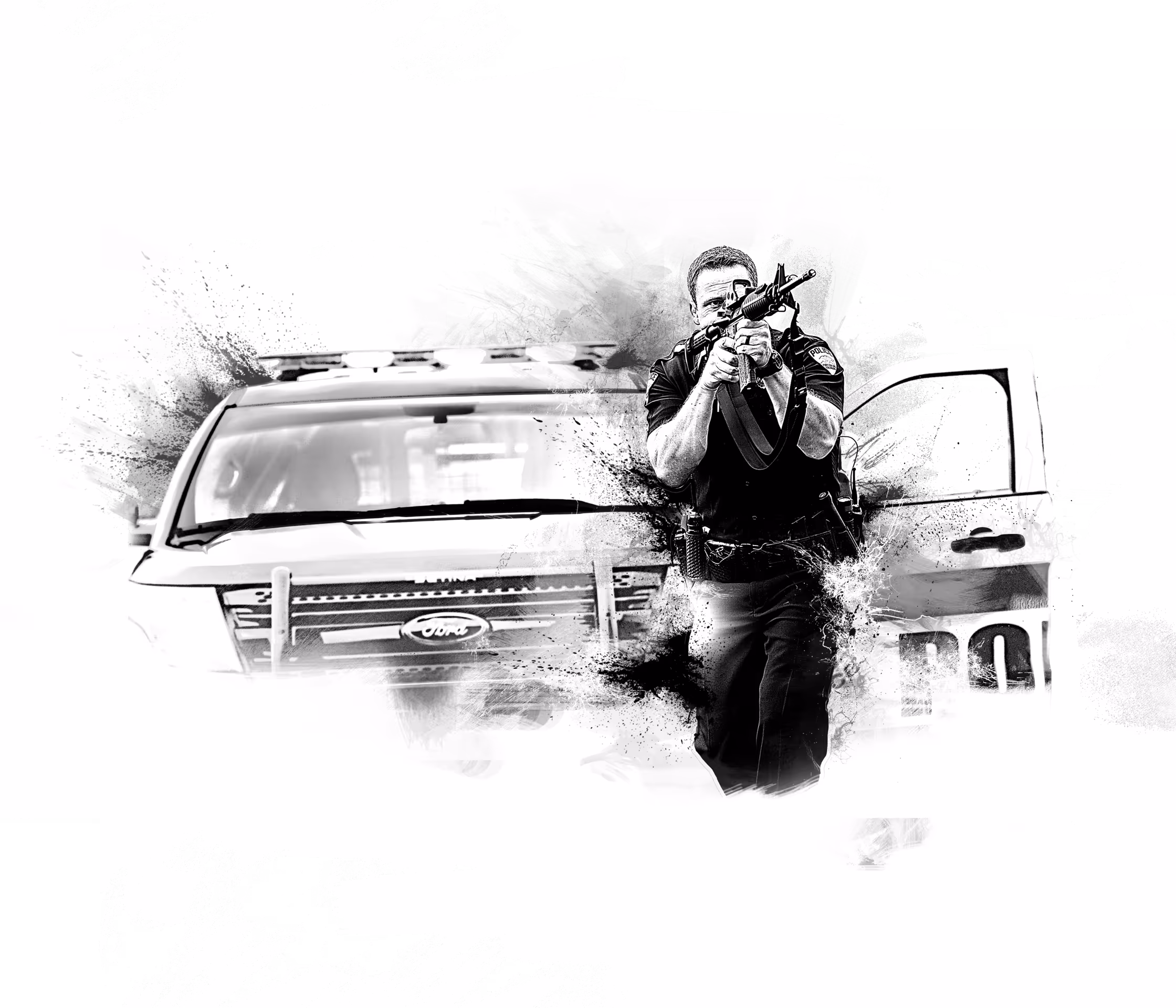 Police officer aiming a rifle while standing in front of a Ford police car with an open door.