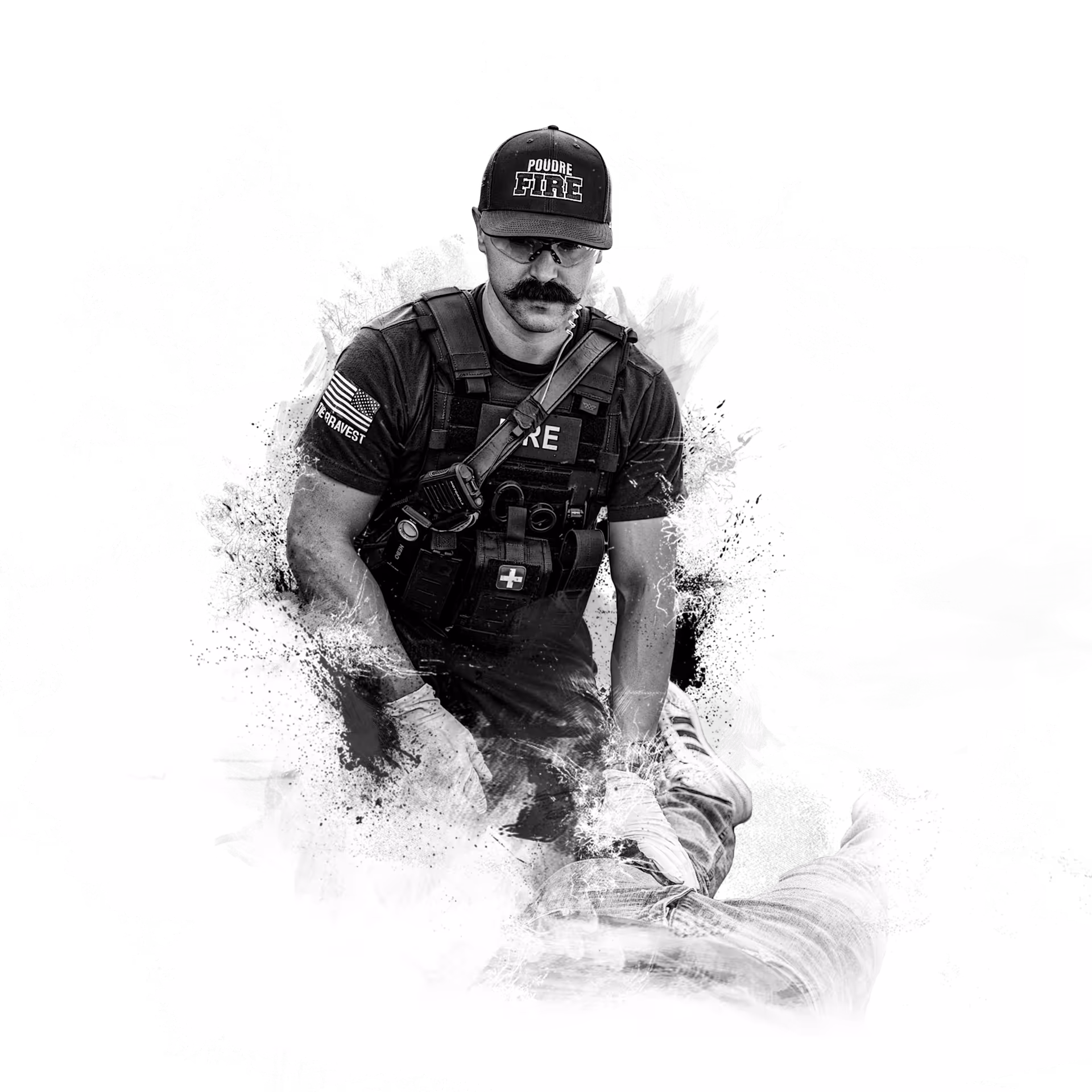 Firefighter in tactical gear tending to a person lying down, digital splatter art style.