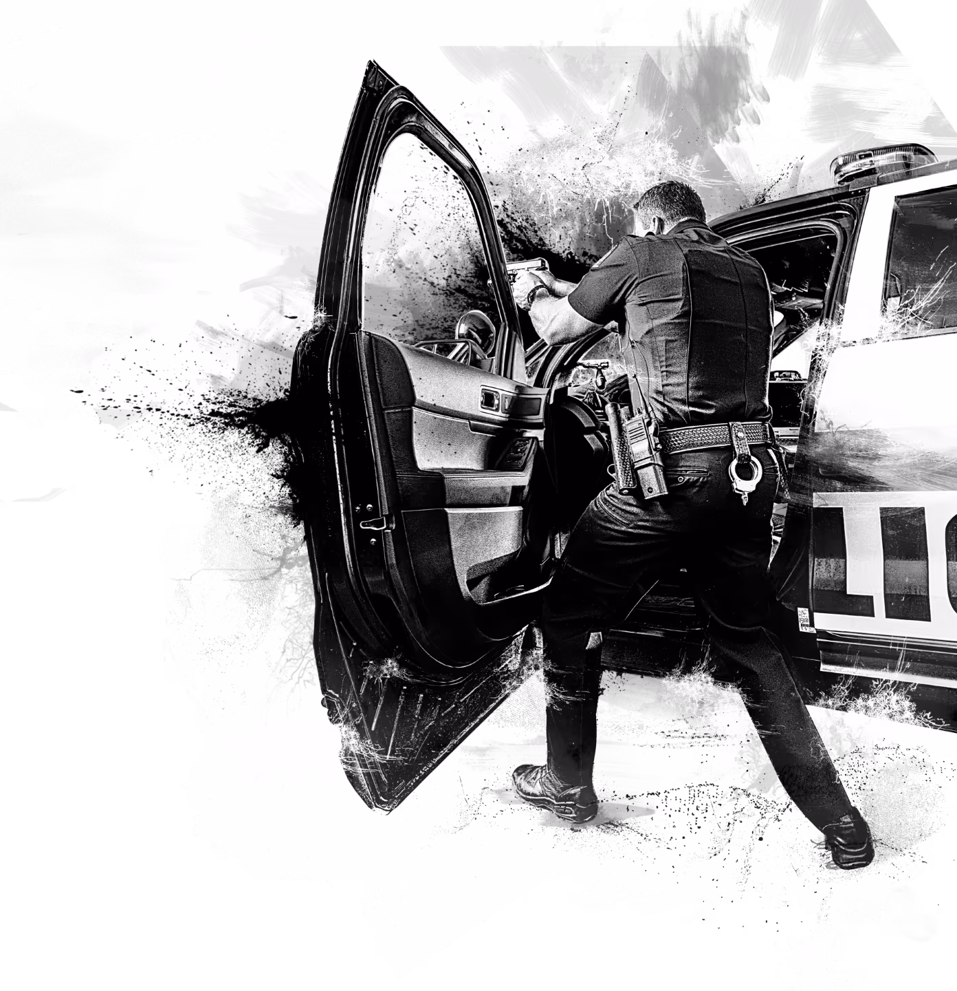 Police officer aiming a handgun while partially behind an open police car door.