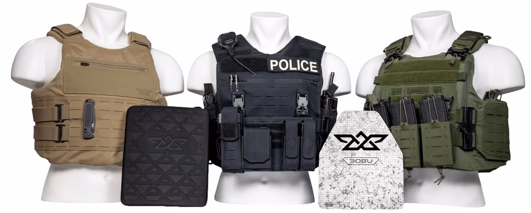 Three tactical vests in tan, black with police label, and green, with two armored plates displayed.