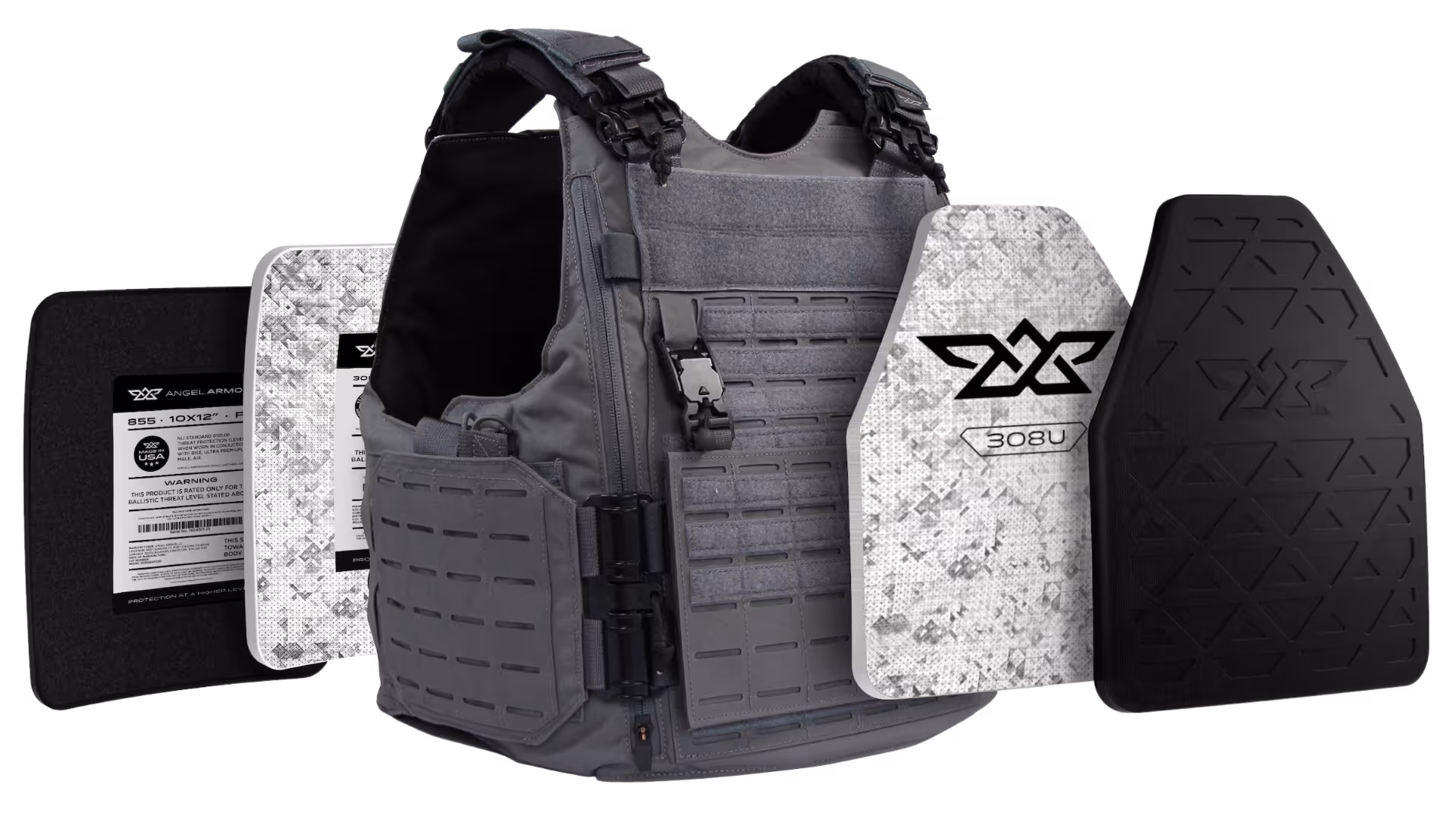 Gray tactical vest with multiple protective plates displayed around it.