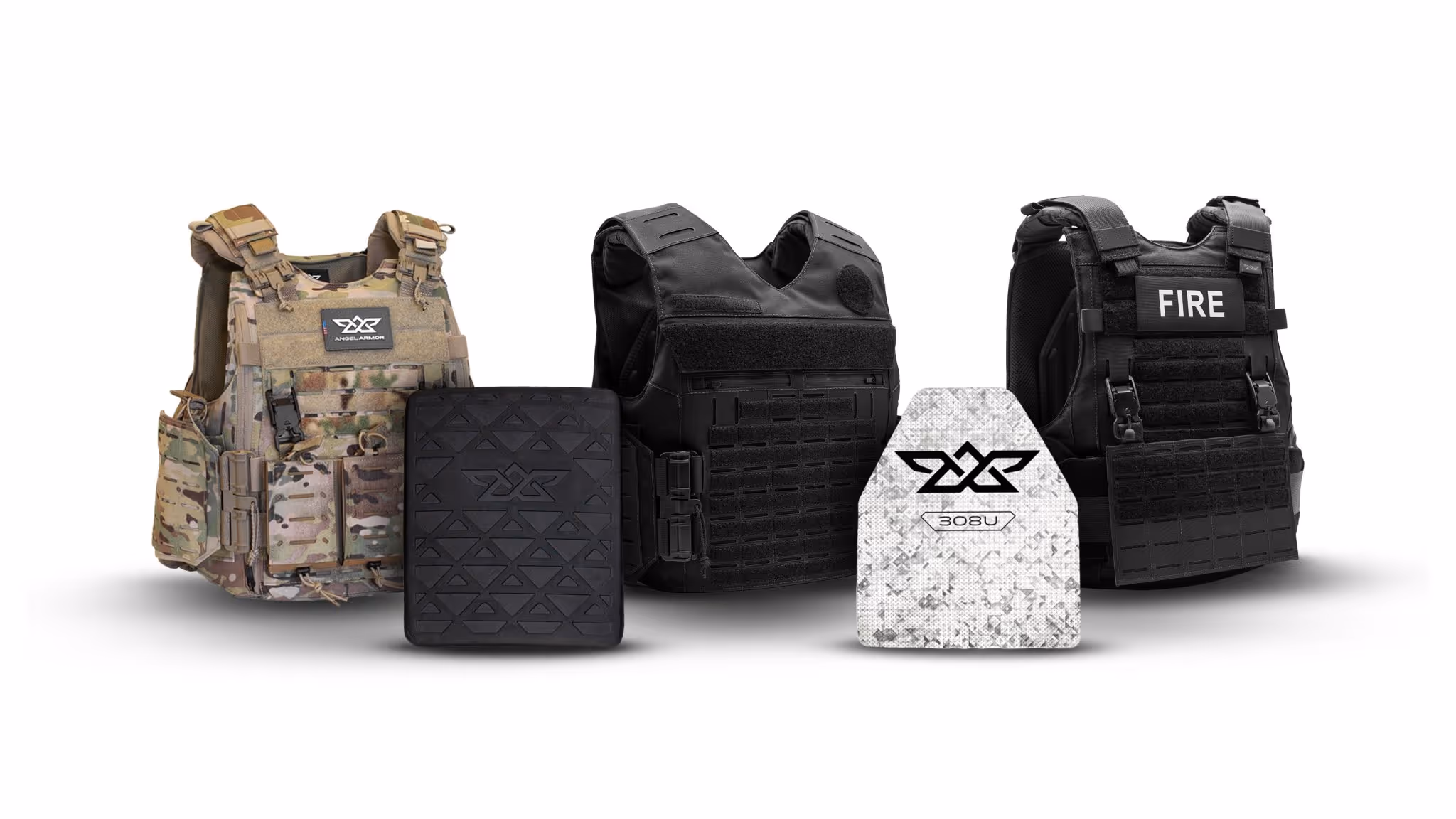 Three tactical body armor vests in camouflage, black, and black with FIRE label, with two protective plates.