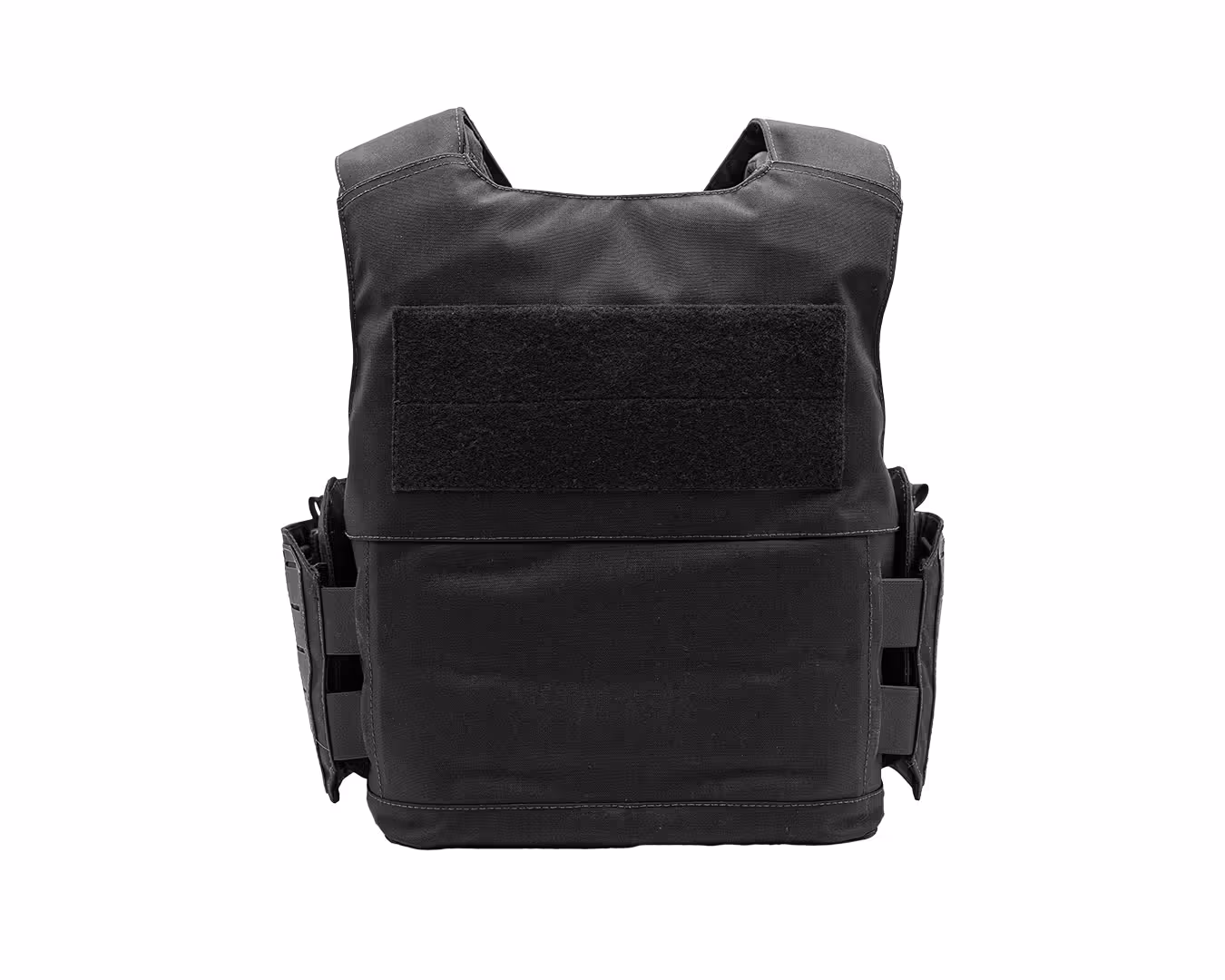 Black tactical bulletproof vest with Velcro patch area and side straps, shown from the back.