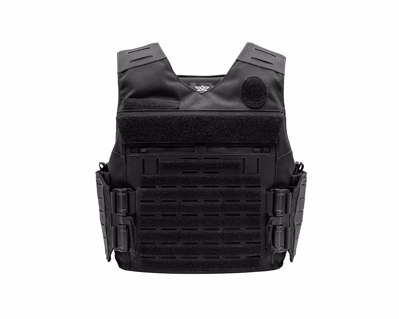 Black tactical bulletproof vest with adjustable side straps and Velcro attachment panels.