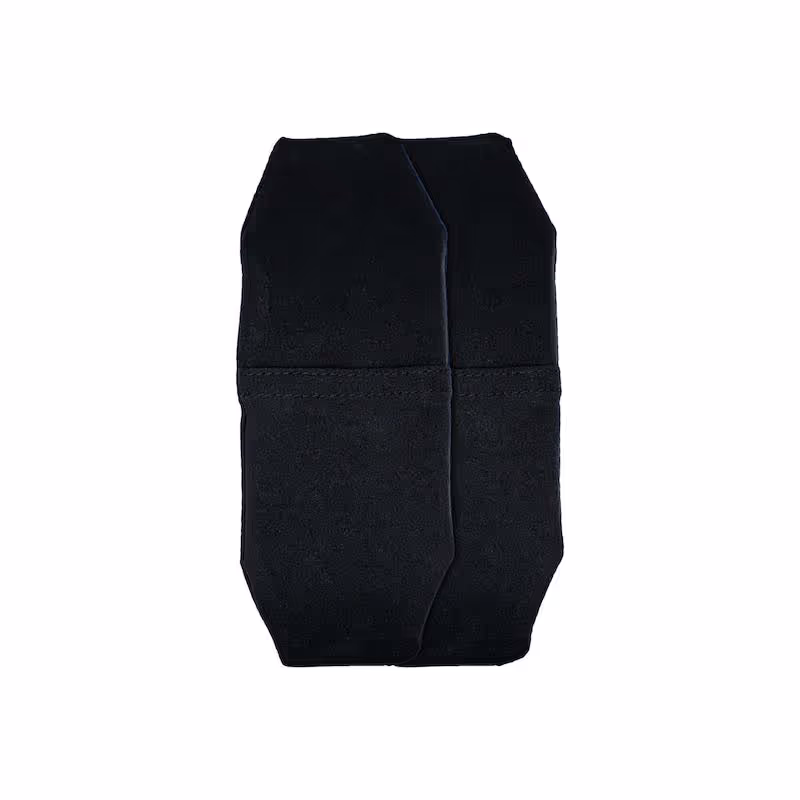 Pair of black rectangular wrist sweatbands with stitching in the middle on white background.