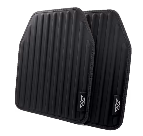 Pair of black ribbed seat cushions with a small logo patch at the bottom corner.