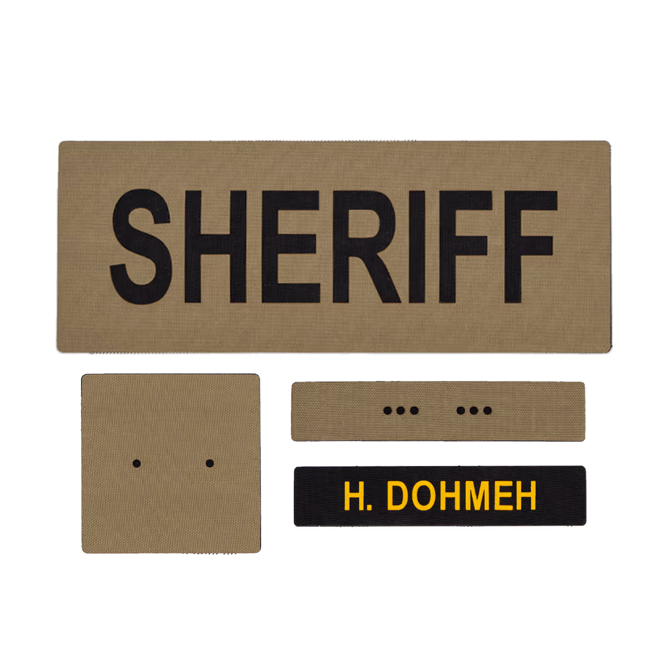 Tan fabric patches with black 'SHERIFF', braille dots, and a black patch with yellow 'H. DOHMEH.'
