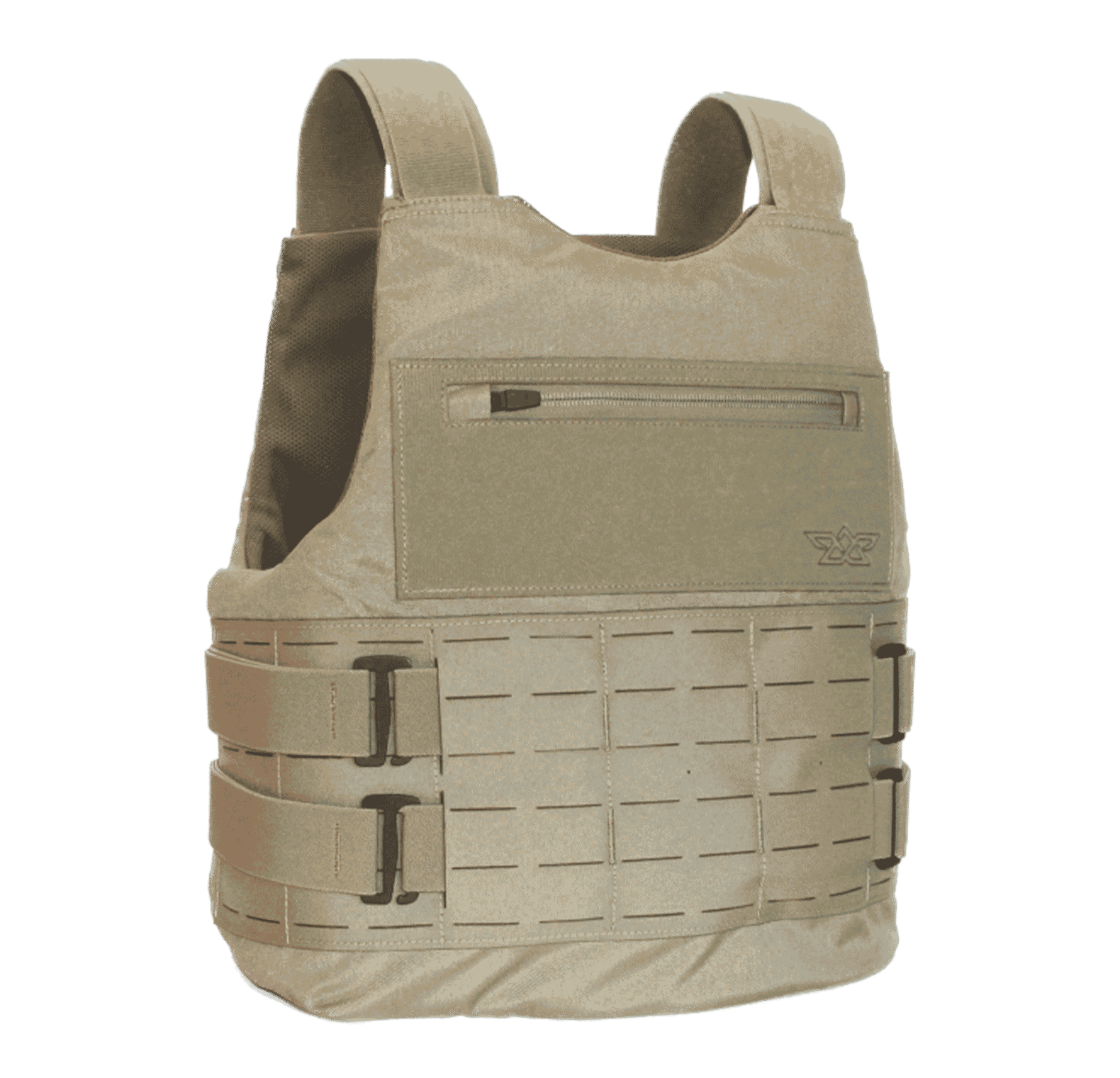 Tan tactical vest with adjustable straps and a zippered front pocket.