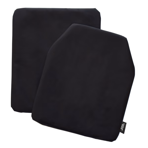 Two black protective ballistic plates with a small label on one corner.
