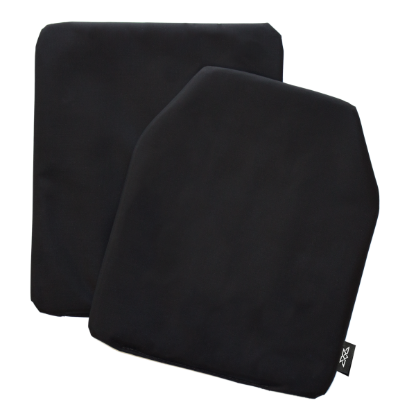 Two black protective ballistic plates with a small label on one corner.