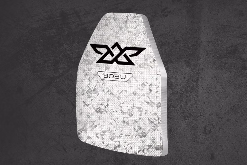 White textured shield with black geometric logo and label reading '308U' on dark gray background.
