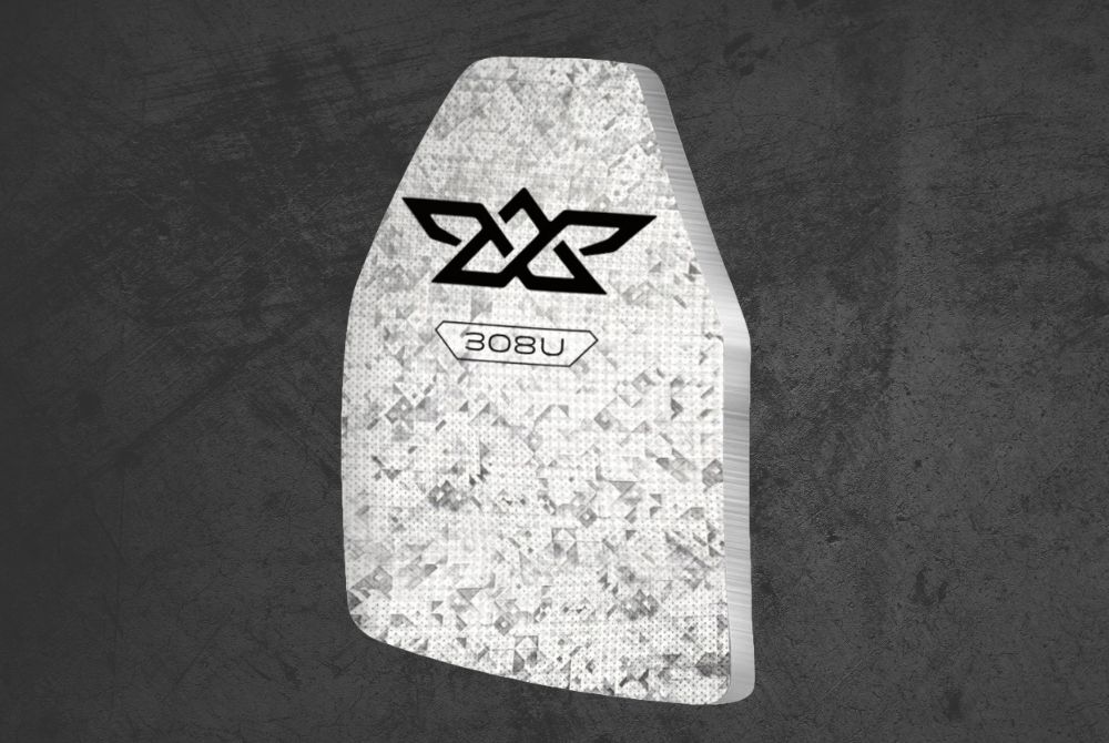 White textured shield with black geometric logo and label reading '308U' on dark gray background.