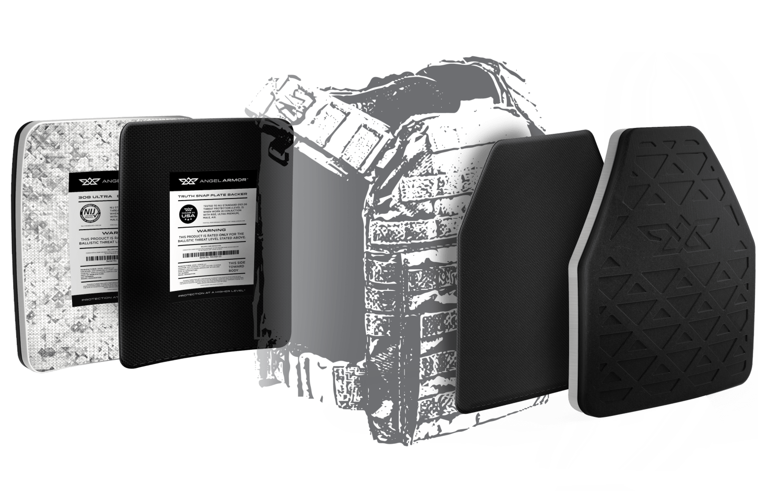 Two ballistic plates with labels and two black backer plates shown with a partially transparent tactical vest.