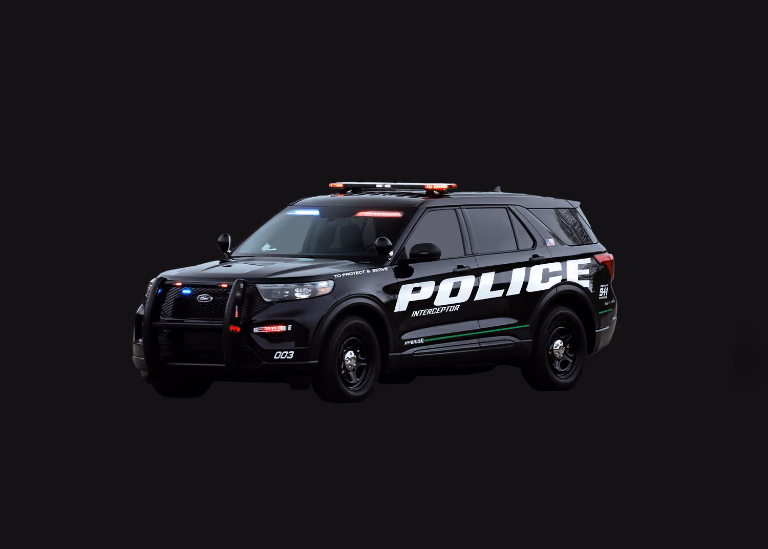 Black police interceptor SUV with flashing red and blue lights on a dark background.