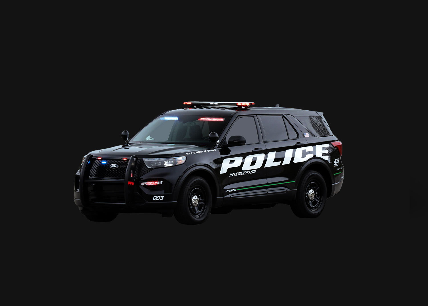 Black police interceptor SUV with flashing red and blue lights on a dark background.