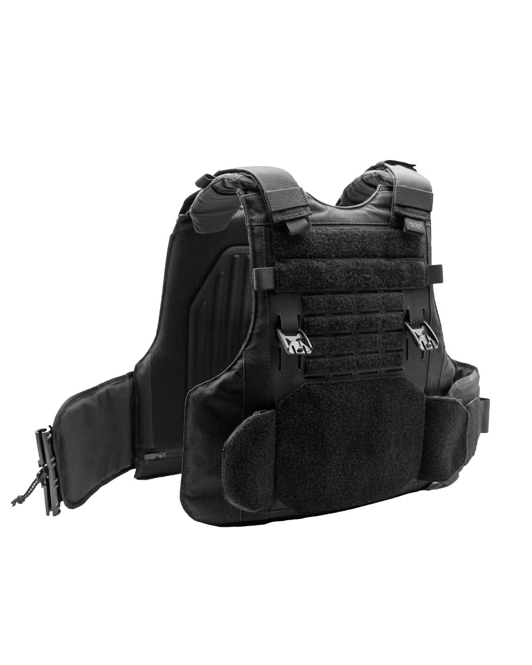 Black tactical vest with padded shoulders and adjustable straps laid out flat.