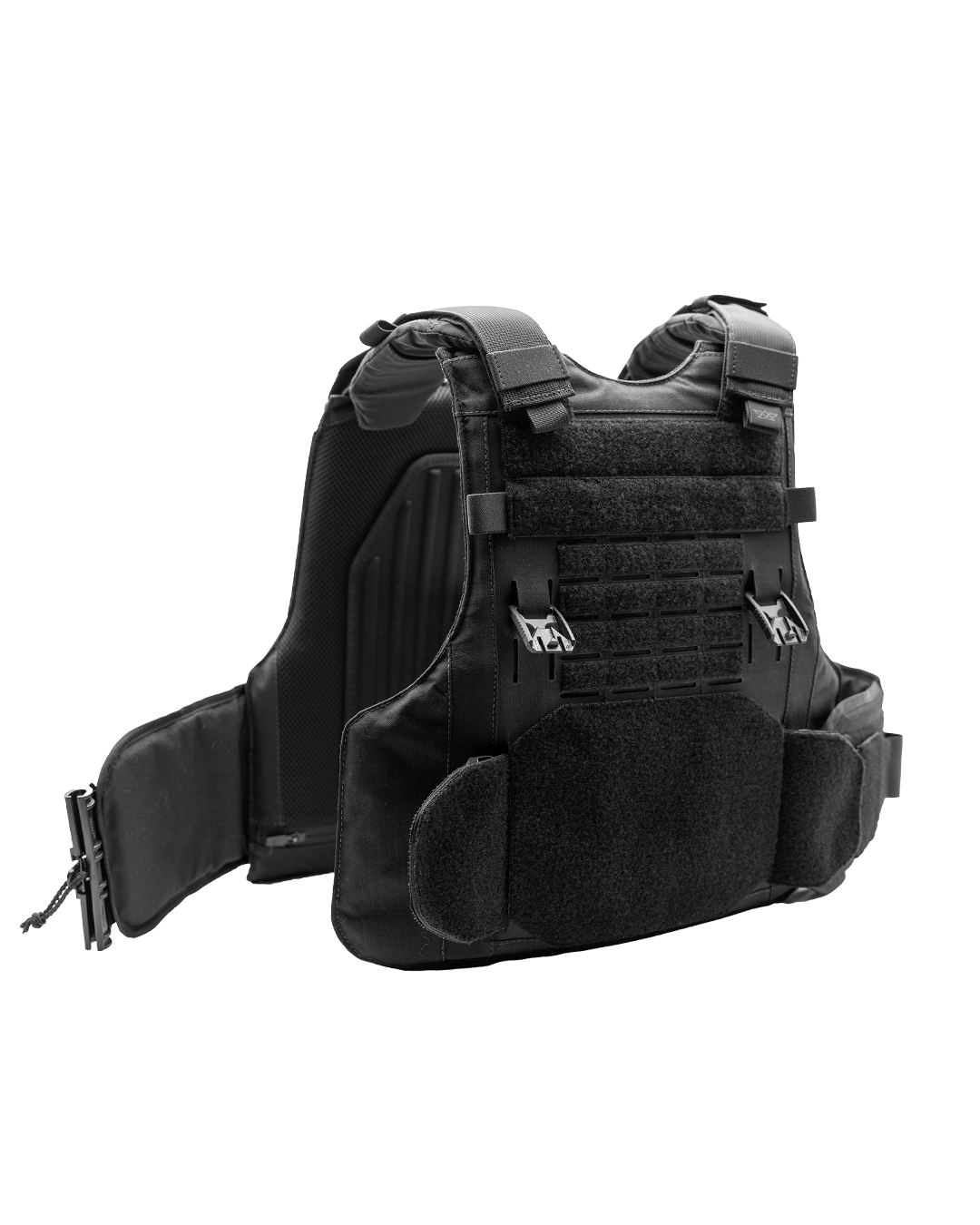 Black tactical vest with padded shoulders and adjustable straps laid out flat.