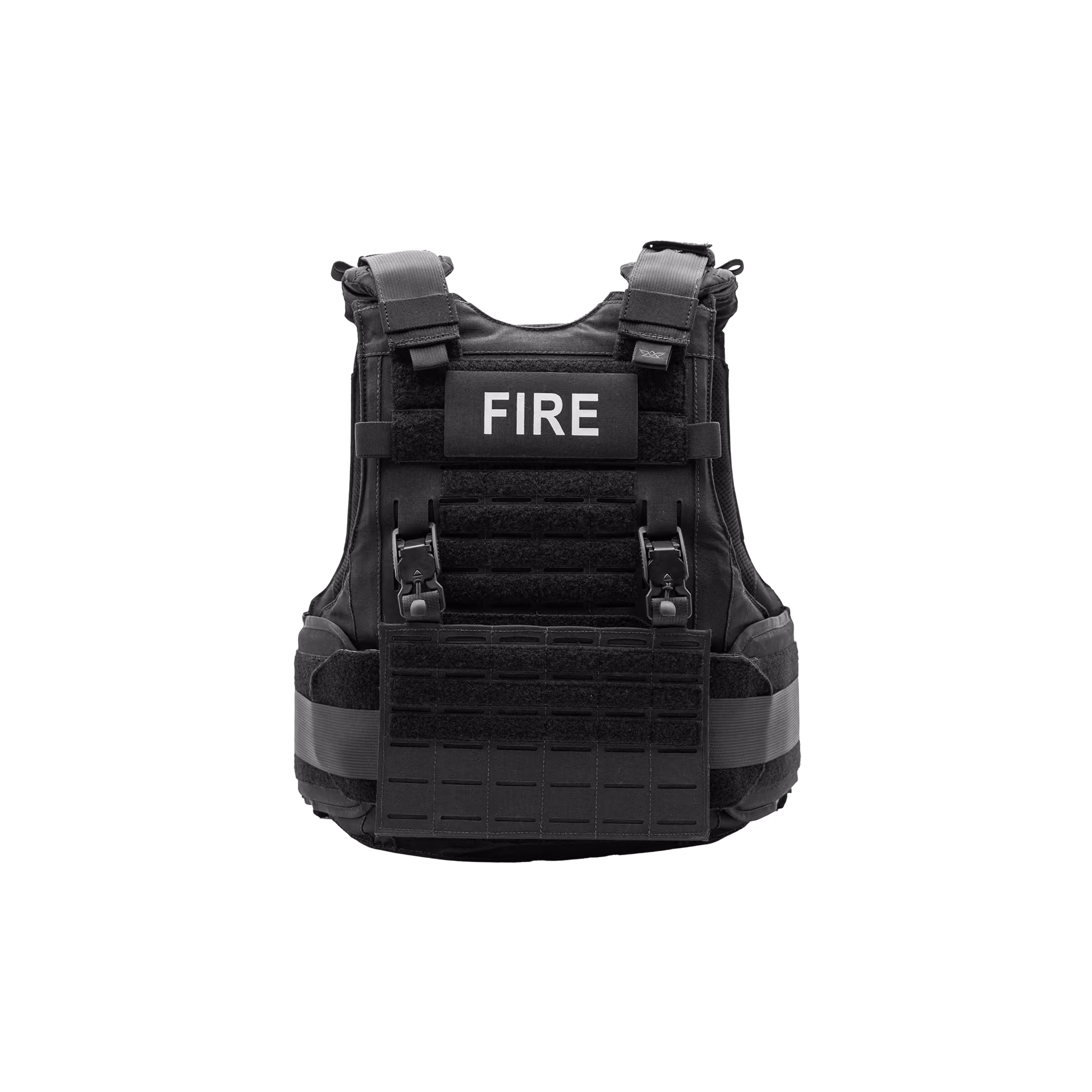 Black tactical vest with straps and a patch labeled FIRE on the chest area.