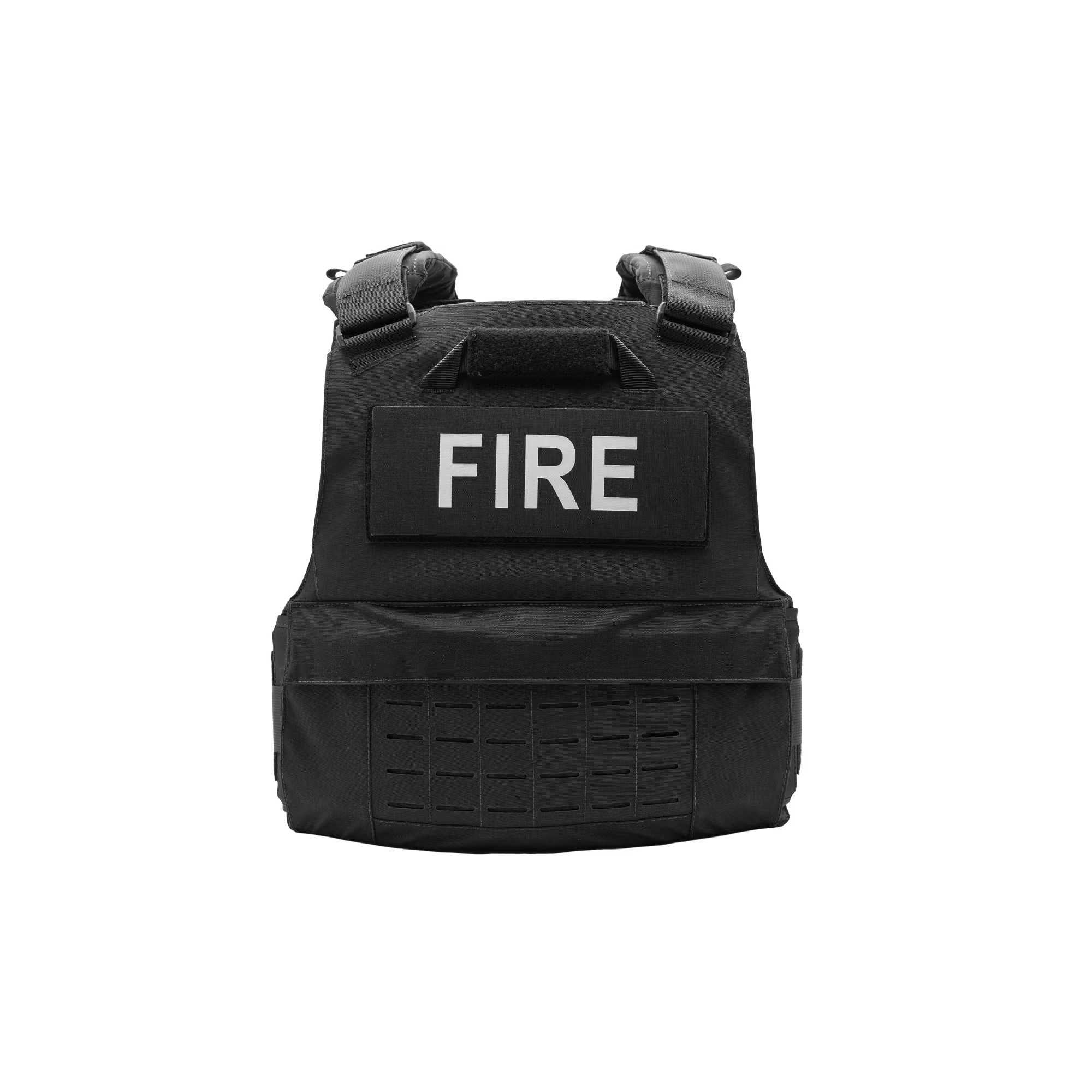 Black tactical vest with a large patch labeled FIRE on the front.