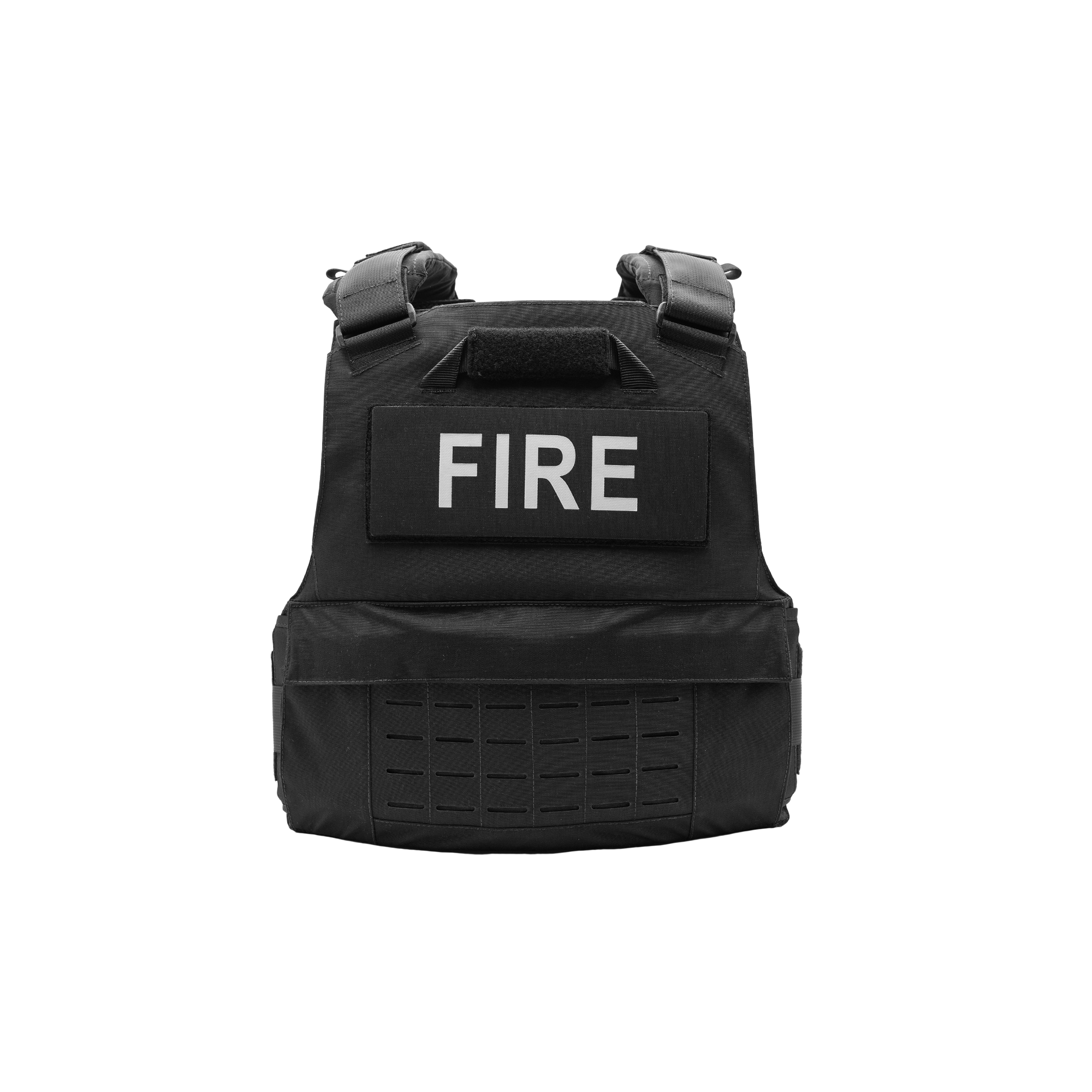 Black tactical vest with a large patch labeled FIRE on the front.