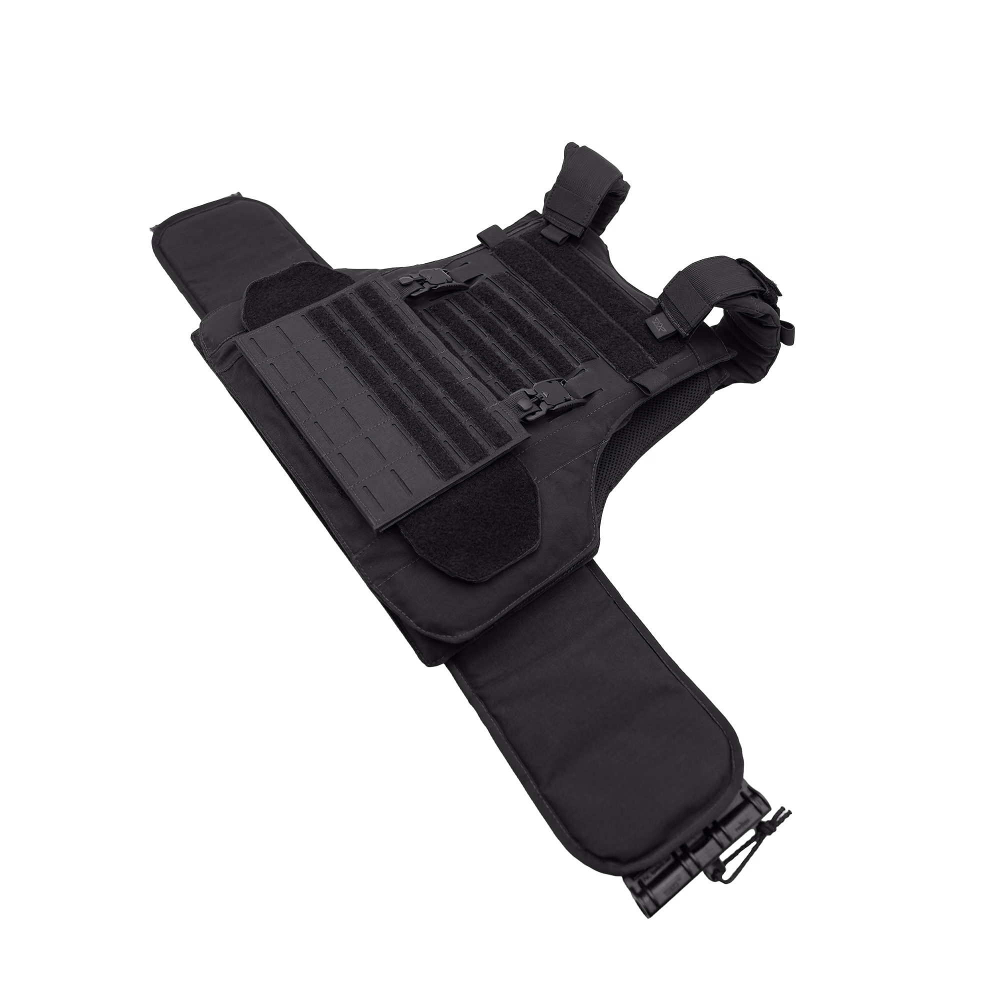 Black tactical vest with adjustable straps and hook-and-loop panels laid flat on white surface.