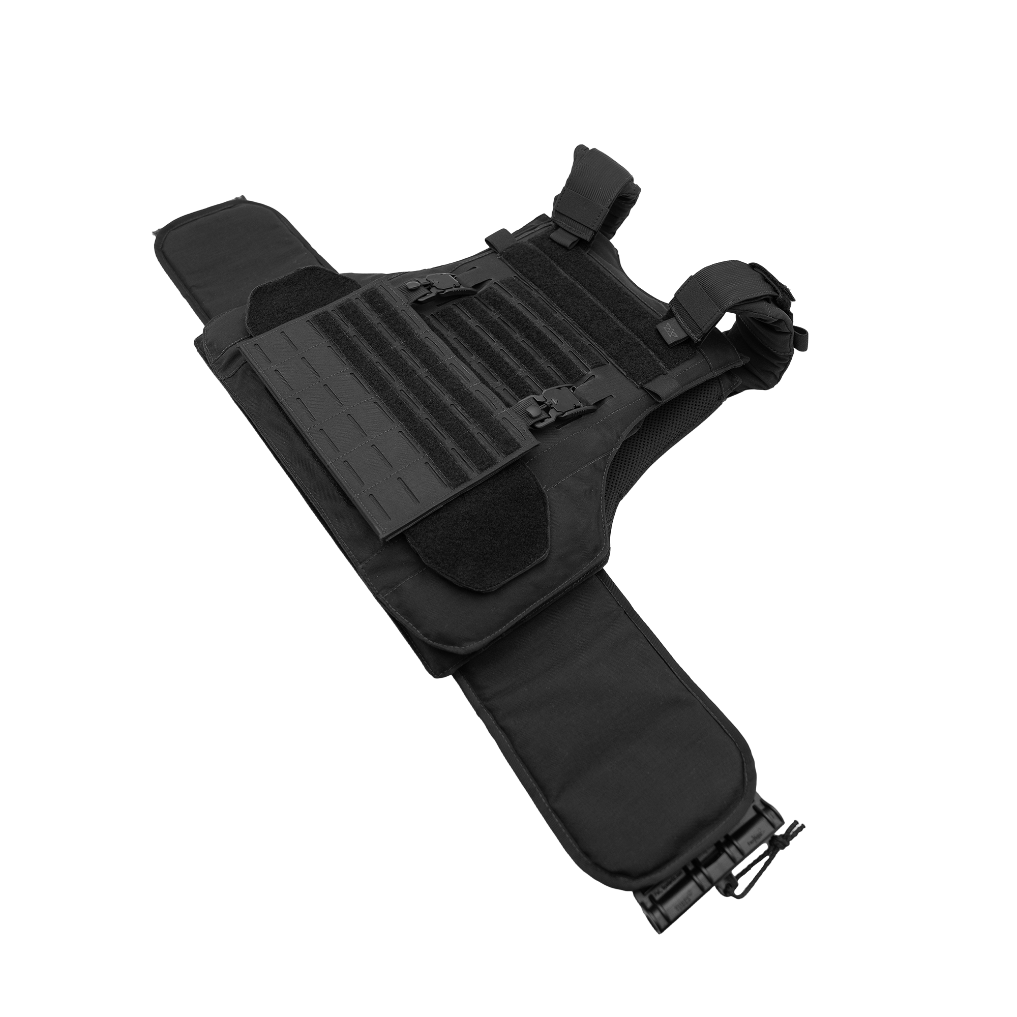 Black tactical vest with adjustable straps and hook-and-loop panels laid flat on white surface.