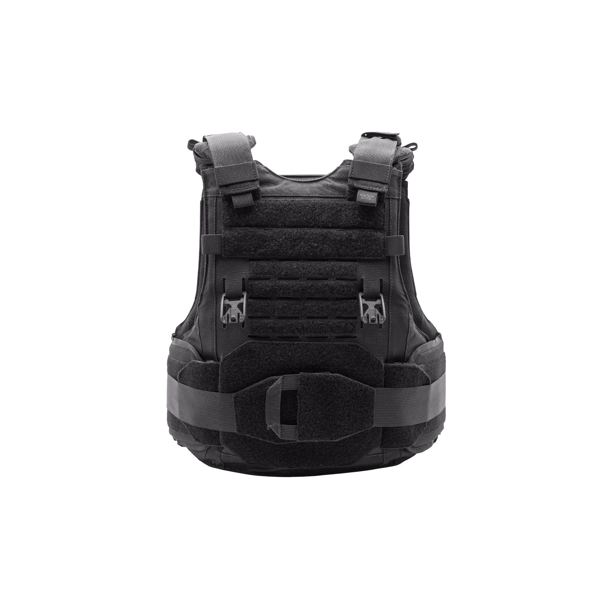 Black tactical bulletproof vest with adjustable straps and Velcro panels.