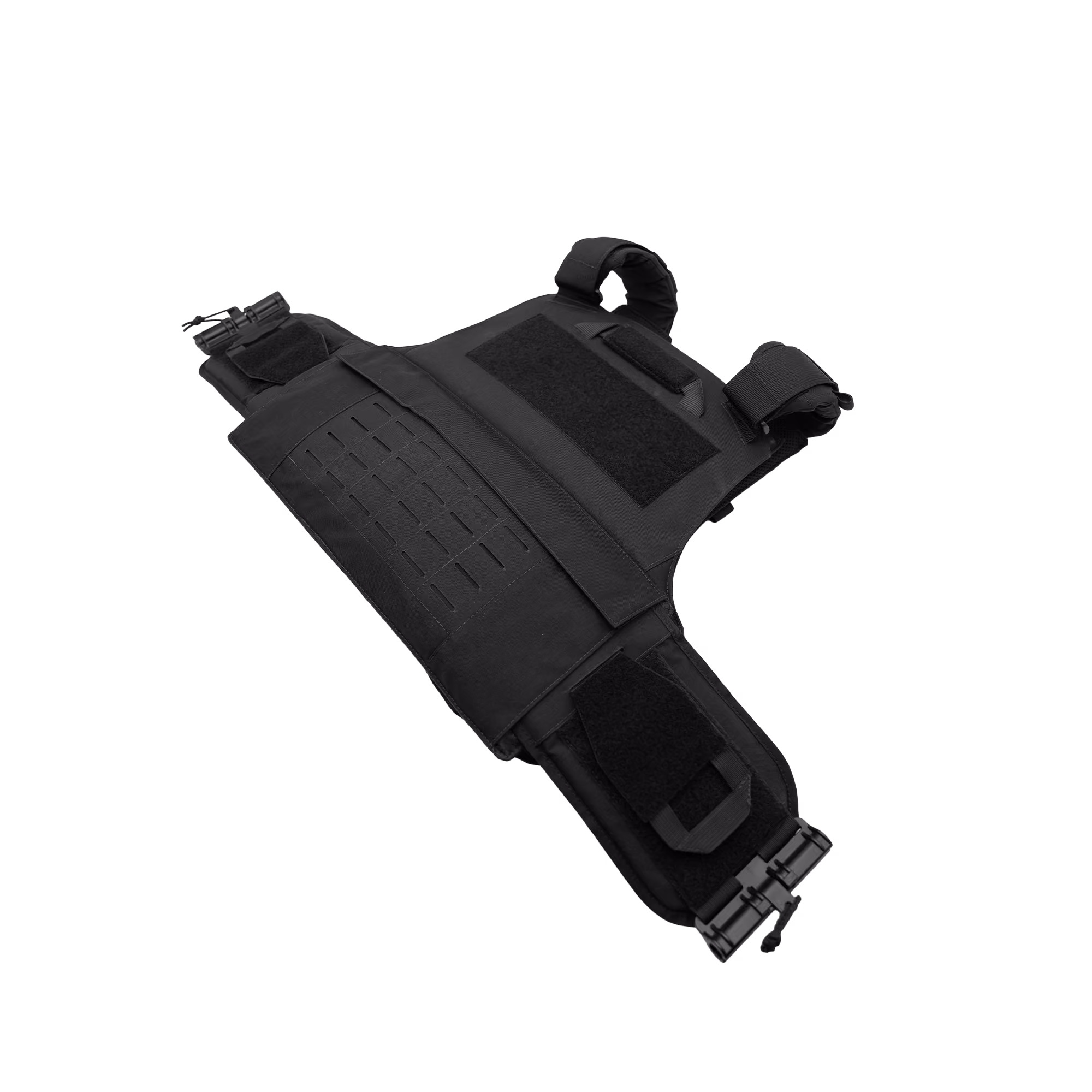 Black tactical vest with adjustable straps and Velcro patches laid flat on a white background.